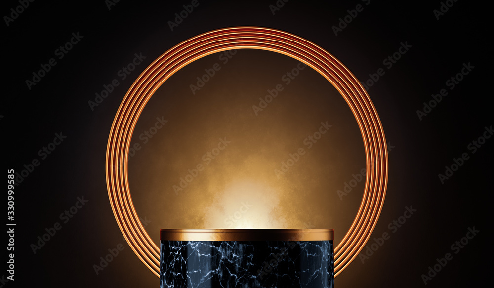 3d render of white marble pedestal on black background, round gold ...