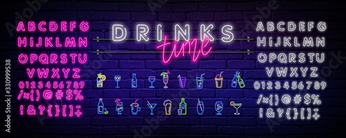 Neon drinks. Cocktails, wine, beer, champagne. Night illuminated wall street sign. Cold alcohol drinks in dark night. Isolated geometric style illustration on brick wall background.