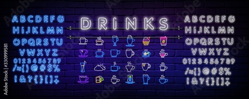 Set of dishes for coffee and tea neon sign logo vector illustration, logo in neon style, bright night sign, night coffee advertising. Editing the text of a neon sign. Neon alphabet.