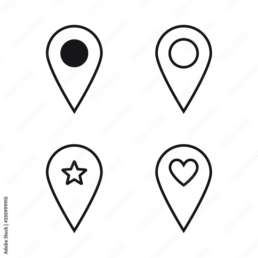 Map pointer icons set. Map pointer with heart icon isolated on white background. Valentines day. Love location. Romantic map pin.