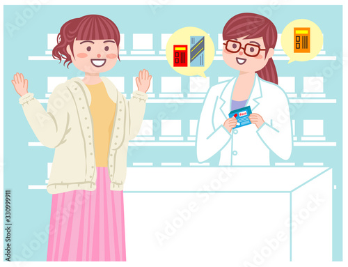 薬局で薬の相談をする女性