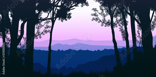 Natural forest mountains horizon hills silhouettes of trees. Evening Sunrise and sunset. Landscape wallpaper. Illustration vector style. Colorful view background.