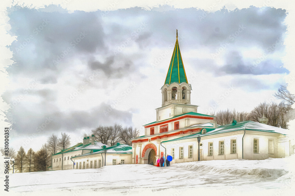 Imitation of a picture. Oil paint. Illustration. Front Gate Complex, 1672-1673. Kolomenskoye Imitation of a picture. Oil paint. Illustration. Front Gate Complex, 1672-1673. Kolomenskoye