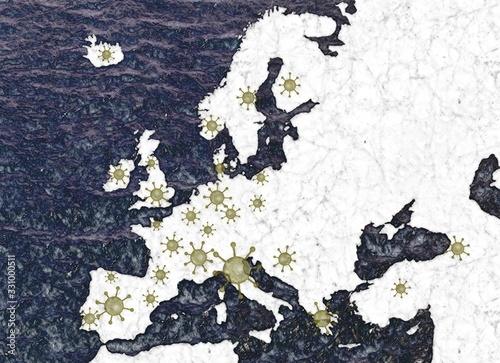 Europe map showing the outbreak of corona virus covid-19 in sketch and kirlian aura styles photo