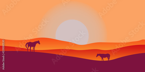 Two horses graze in a valley at sunset. Scenic vector landscape with shiny hills and big sun