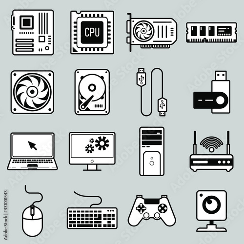 White set of icons. PC hardware. 100% vector.