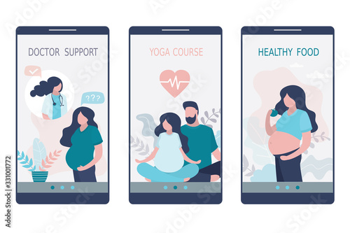 Medical application pages template for pregnant woman. Health care app on smartphone screen