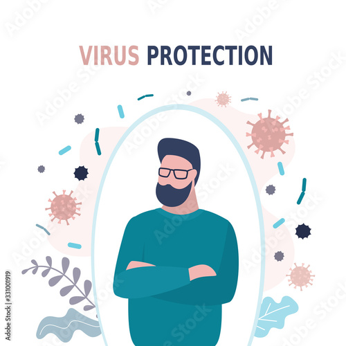 Happy man is protected from viruses and diseases. Good immunity, vaccination and a healthy lifestyle