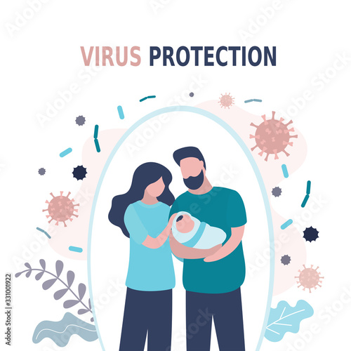Happy parents with newborn baby is protected from viruses and diseases. Good immunity, vaccination