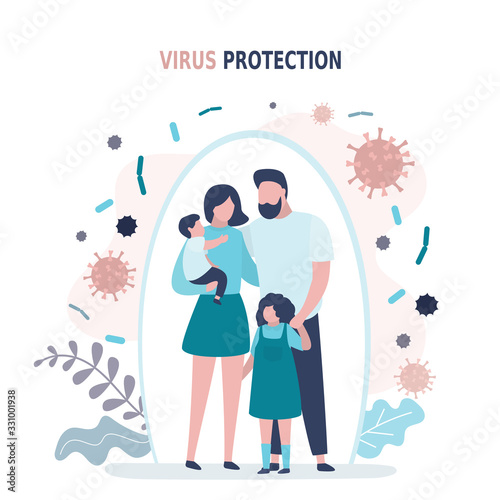 Happy parents with children is protected from viruses and diseases. Good immunity, vaccination and a healthy lifestyle.
