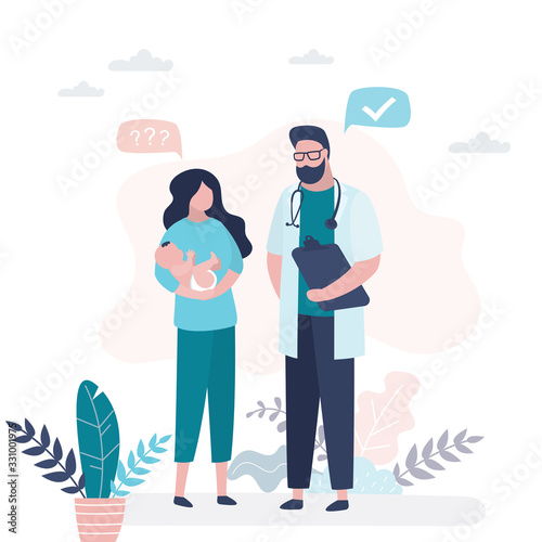 Pediatrician doctor talking to woman. Mother with infant on hands and male medical specialist.