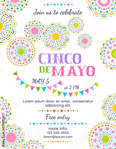 Cinco De Mayo announce poster template with bright decorative elements.