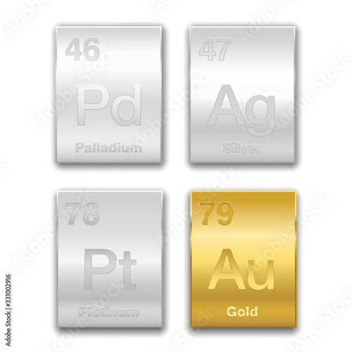 Gold, silver, platinum, palladium on periodic table. Precious metals, chemical elements with a high economic value. Symbols and atomic numbers, golden and silver vector illustration on white.
