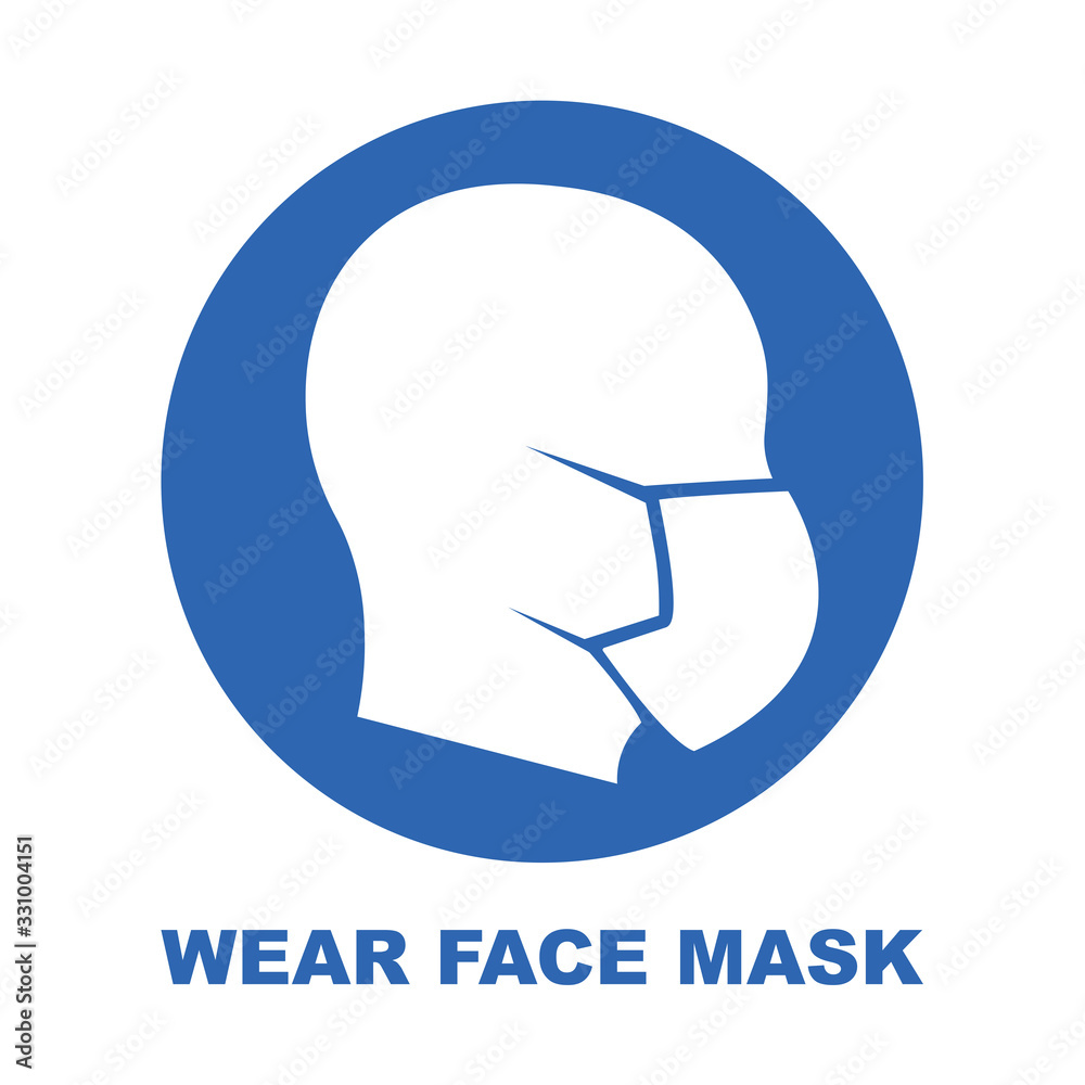Wear face mask blue sign. Silhouette of head with medical mask on face . Vector Illustration. Wear face mask blue sign. Silhouette of head with medical mask on face . Vector Illustration.
