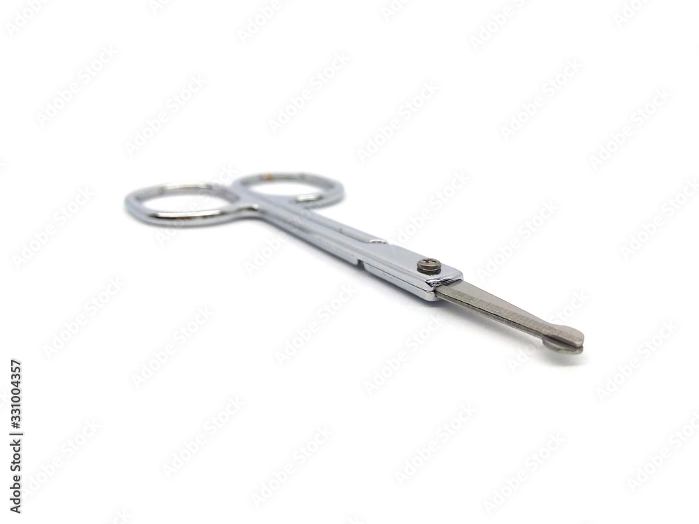 Nose hair scissors or nose hair clipper isolated on white background. Cuticle cutter. Cuticle scissors. Manicure scissors. Nail clipper. Nail cutter. Nose hair scissors or nose hair clipper isolated on white background. Cuticle cutter. Cuticle scissors. Manicure scissors. Nail clipper. Nail cutter.