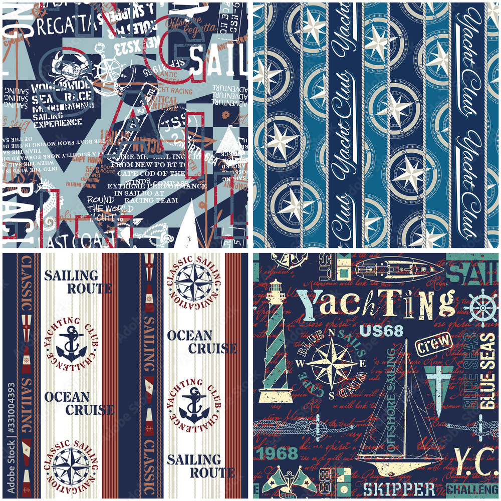 Nautical style marine sailing elements wallpaper abstract vector seamless pattern collection 