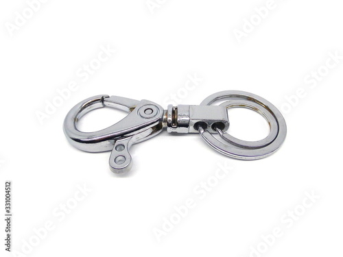 Close up of key chain or key ring isolated on white background. Alloy keychain. Chrome color keyring.