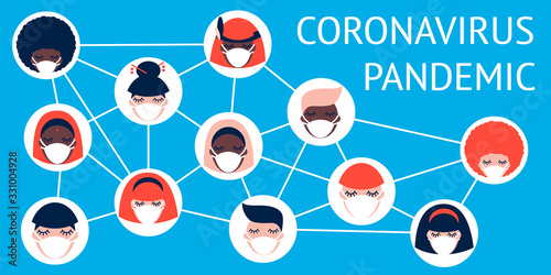 Coronavirus pandemic. Covid-19. illustration with people of different nationalities in white medical face masks on a blue background. coronavirus spread