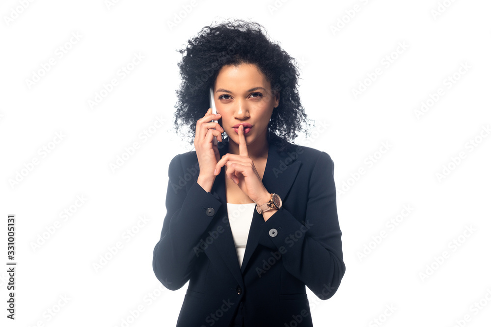 Beautiful african american woman with smartphone showing quiet isolated on white Beautiful african american woman with smartphone showing quiet isolated on white