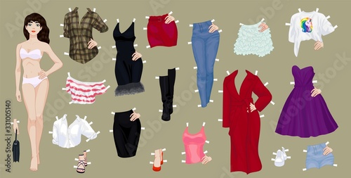 Paper doll of a pretty brunette girl with a variety of paper clothes and shoes