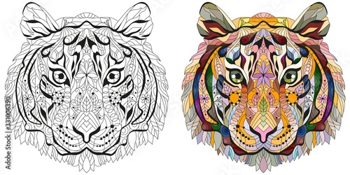 Zentangle tiger head. Hand drawn decorative vector illustration. Color and outline set