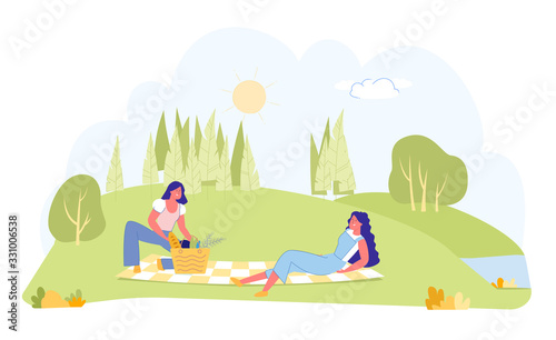 Girls Friends Resting on Nature Having Picnic