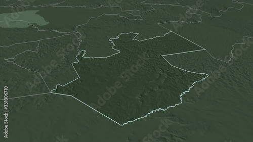 Bomet, county with its capital, zoomed and extruded on the administrative map of Kenya in the conformal Stereographic projection. Animation 3D photo
