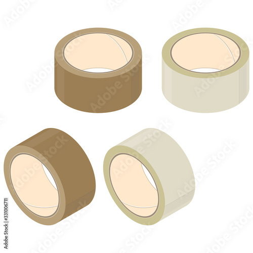 Rolls of adhesive tape, isometric design. Transparent and brown color. 3D Render. Vector illustration.