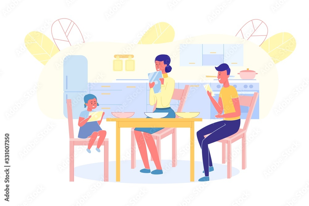 Family in Dinning Room and Holding Mobile Phone Family in Dinning Room and Holding Mobile Phone