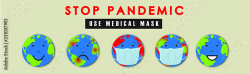 Global Pandemic Dangerous Virus Concept. Stop pandemic. Planet in medical mask.Pandemic stop Novel Coronavirus outbreak covid-19 2019-nCoV. Vector Illustration. Banner template.