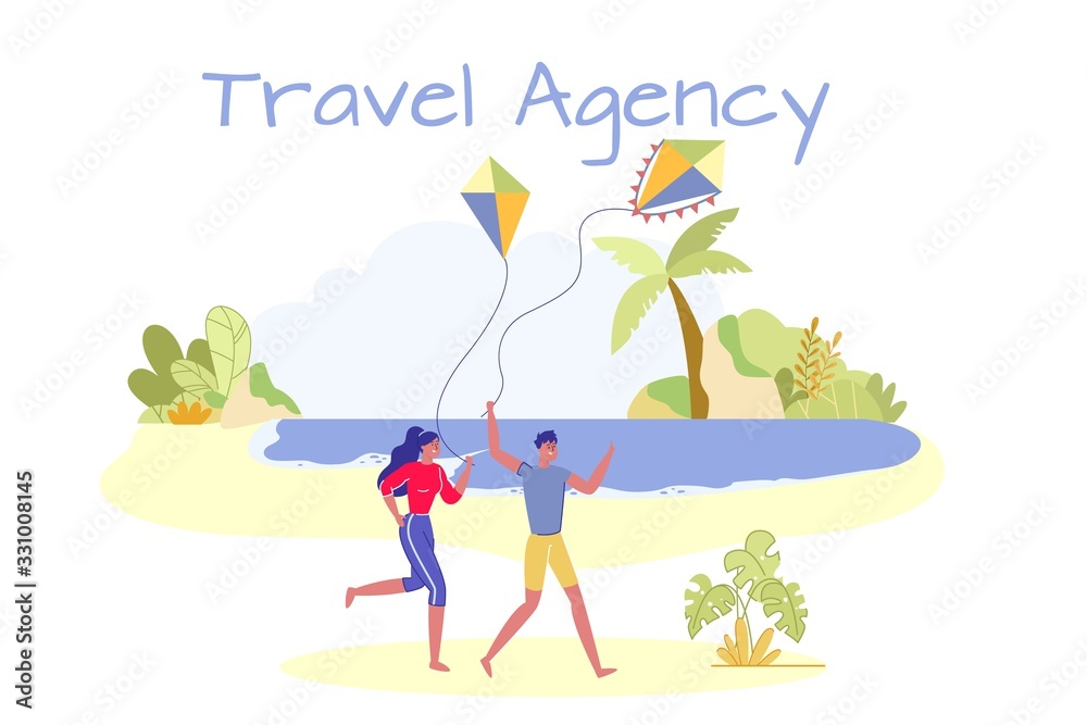 Travel Agency Banner with Couple Flying a Kite.