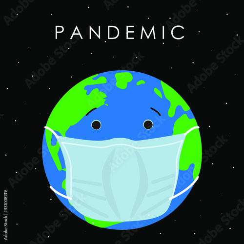 Global Pandemic Dangerous Virus Concept. Stop pandemic. Planet in medical mask.Pandemic stop Novel Coronavirus outbreak covid-19 2019-nCoV. Vector Illustration. Banner template.