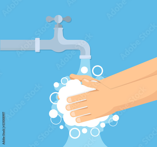 Hands under falling water out of tap. Man washes hands. Flat style