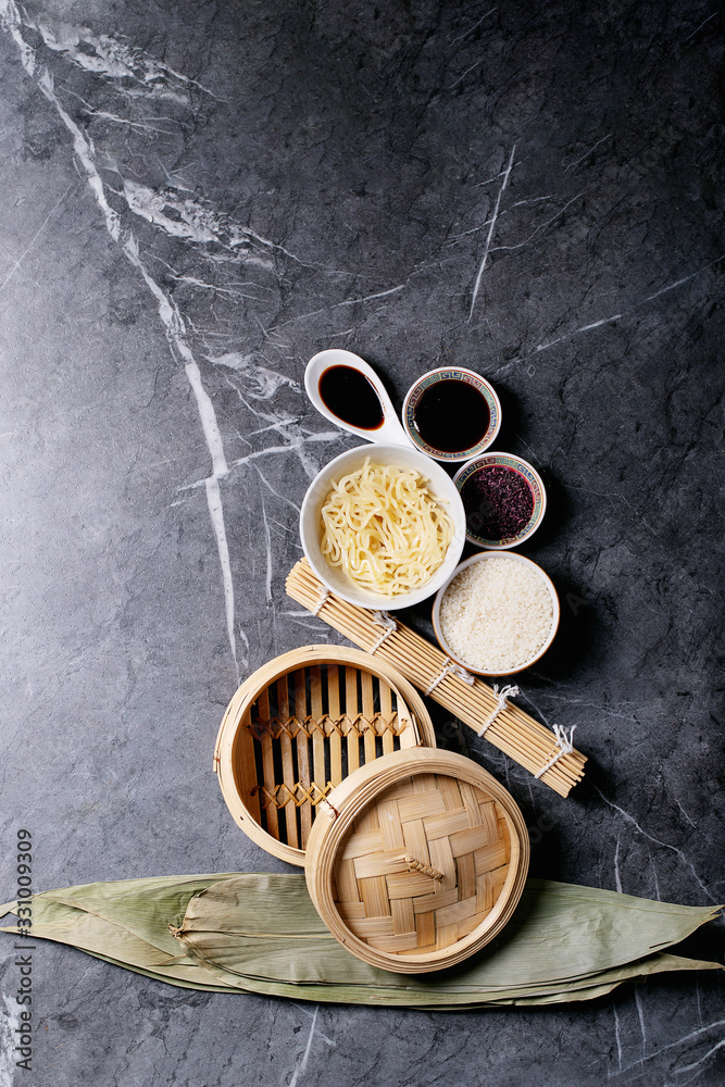 Noodles and rice on bamboo leaves Noodles and rice on bamboo leaves