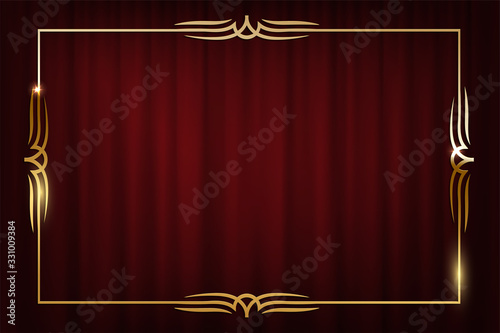 Vintage golden border isolated on red curtain background. Vector retro design element.