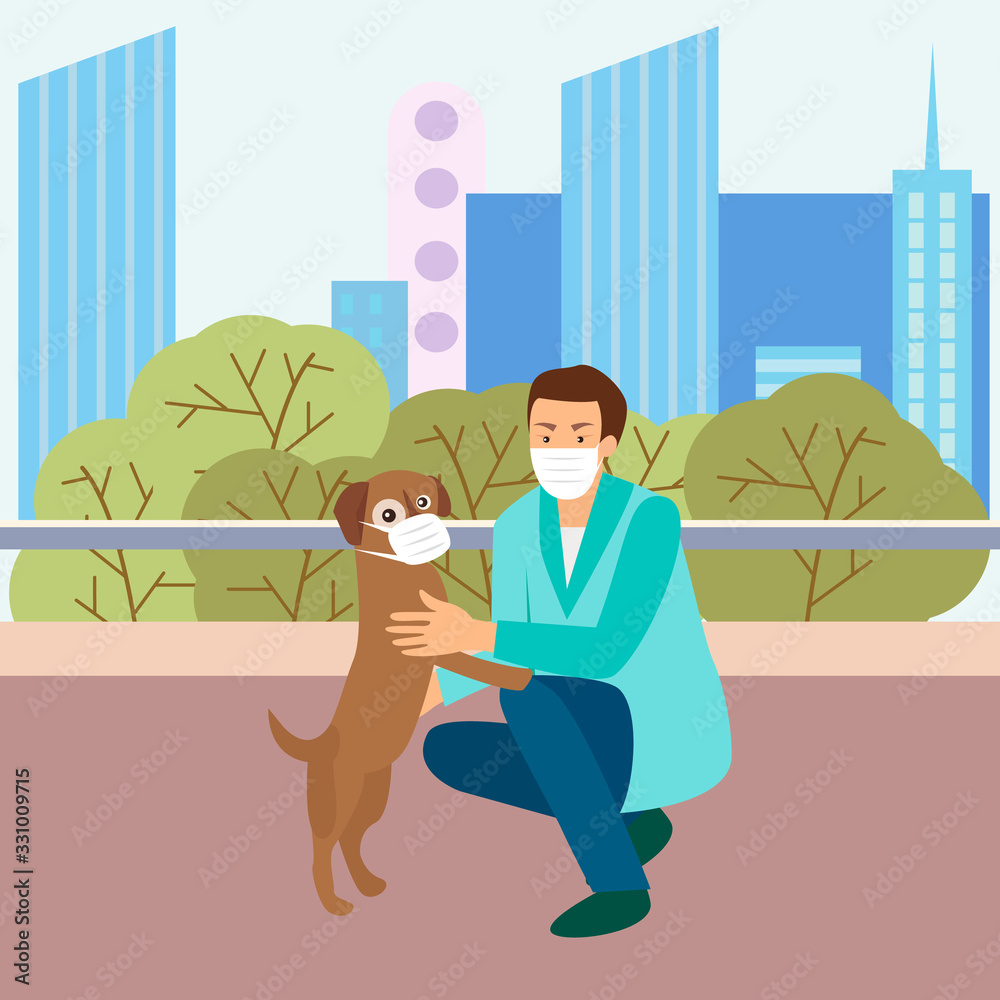 Man with dog wearing protective masks walking on the street. Don’t forget to protect your pets from virus or coronavirus and air pollutions. Man with dog wearing protective masks walking on the street. Don’t forget to protect your pets from virus or coronavirus and air pollutions.
