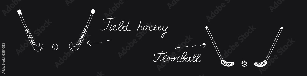 Obraz premium Floorball, field hockey banner on black background. Outdoor summer games. White line hockey sticks. Stock vector hand drawn illustration, isolated. Simple outline doodle design.