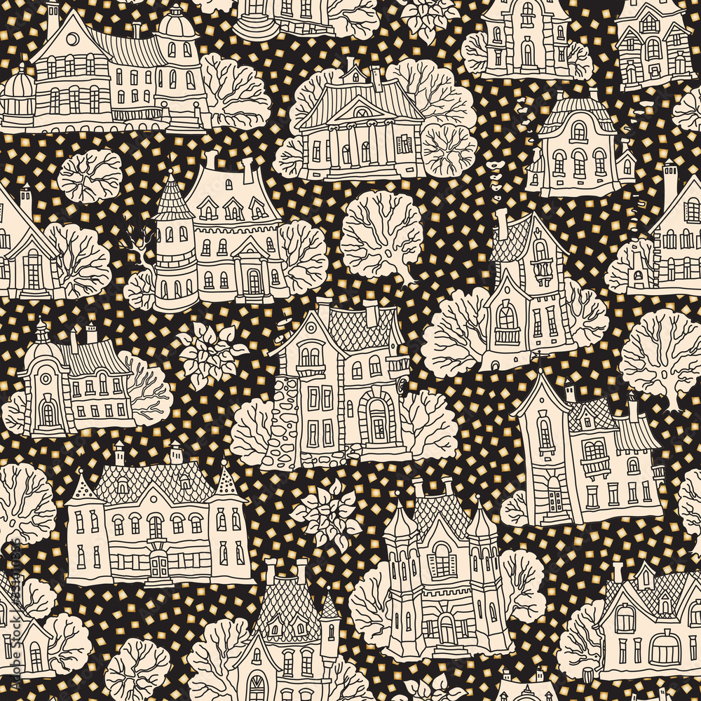 Seamless pattern of fantasy urban landscape. Fairy tale castle, old town houses. Hand drawn doodle sketch on a dappled background with golden square spots. Batik print. Black and beige textile print
