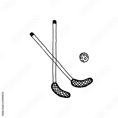 Floorball equipment. Outdoor summer games. Stock vector hand drawn illustration, isolated on white background. Simple outline doodle design.