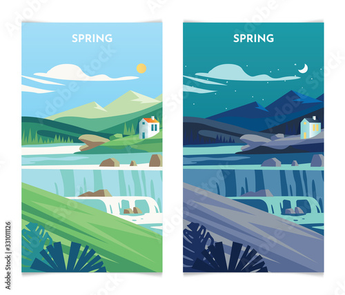 Spring Landscape at day and night. Spring Season banners set template vector illustration