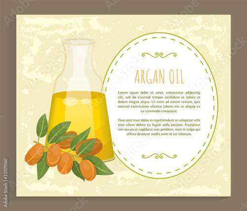 Glass bottle contains golden liquid inside. Branch with brown nuts of argania. Text, information about argan oil in vessel. Product used in beauty industry like for hair care. Vector illustration