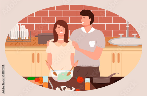 Couple stand by table on kitchen. Man hugging woman, his wife. Housewife prepare vegetable salad for dinner. Pan on stove, ingredients for meal on desk. Vector illustration of cooking process in flat