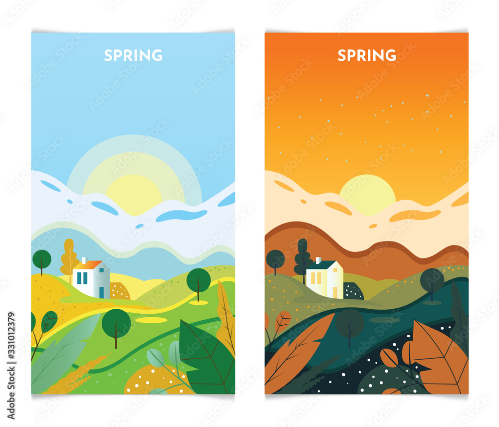 Spring Landscape at sunrise and sunset. Spring Season banners set template vector illustration