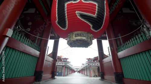 Wide lens shot of Kaminarimon gate with beautiful red japenese lantern chochin (