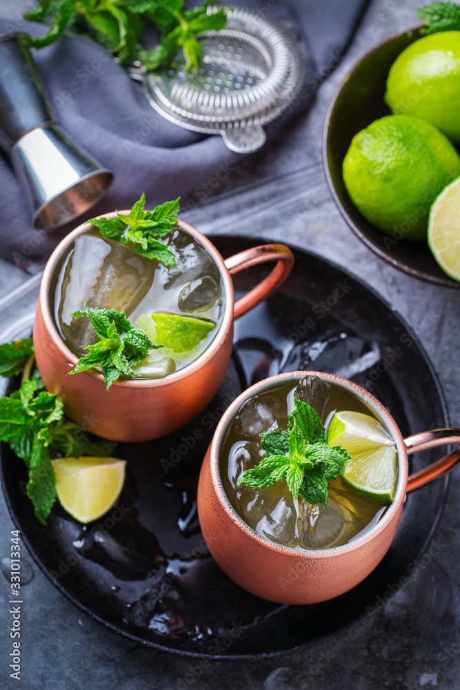 Classic Moscow mule cocktail with lime, mint and ice Classic Moscow mule cocktail with lime, mint and ice