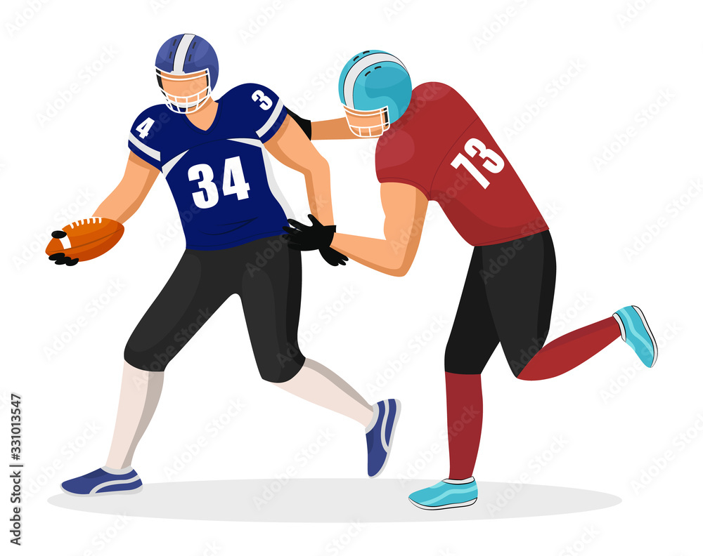 Fototapeta premium Footballers from different teams play in american football. Player in red uniform try to intercept ball from opponent. Rivalry of competition. Vector illustration of match on stadium in flat style