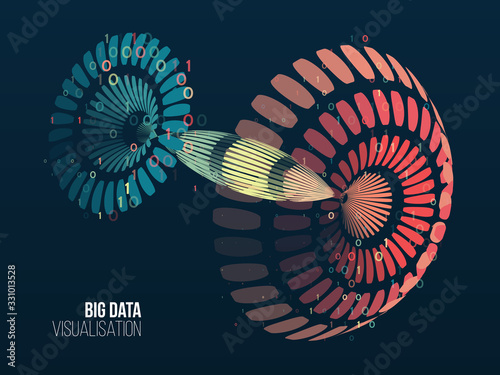 Big data visualization. Abstract background with lines array and binary code. Hemispherical connection structure. Data array visual concept. Big data connection complex.