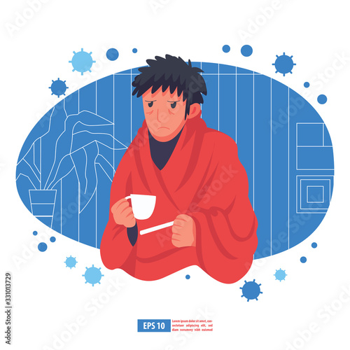 Flu sickness by corona virus concept. Sick person having cold. Ill man headache. Flu illness person. Flat design vector illustration