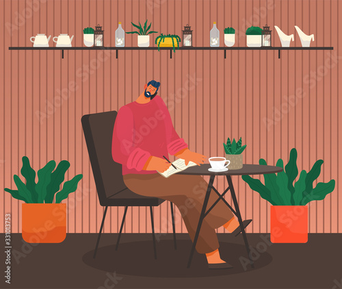 Man sit in coffeehouse. Guy have telephone call and note thoughts in notebook. Cup with tea or coffee on table. Cafeteria interior with decoration on shelf and houseplants. Vector illustration in flat