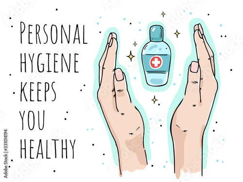 Illustration of a hand and a pocket sanitizer. Call for the use of a disinfectant gel.